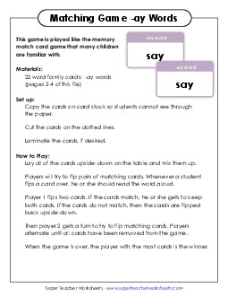 Memory Match Game (-ay) Word Families Worksheet