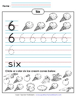 Six: Trace, Print, Count Counting Worksheet