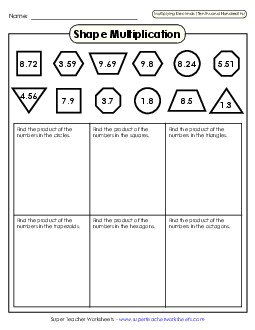 Shape Multiplication (Tenths & Hundredths) Multiplying Decimals Worksheet