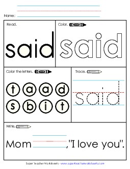 Worksheet 1: Said Sight Words Individual Worksheet