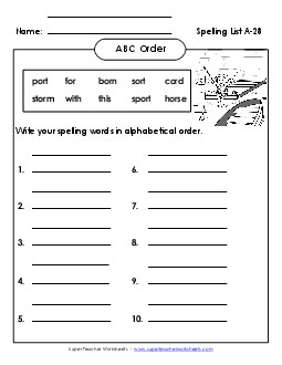 ABC Order: Write List (A-28) Spelling A Worksheet