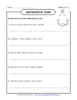 Alphabetical Order (E-10) Spelling E Worksheet