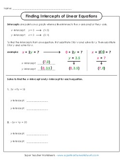 Finding Intercepts of Linear Equations Free Worksheet