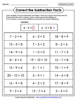 Correct the Subtraction Facts Worksheet