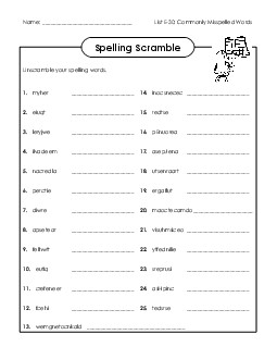 Word Scramble (E-30) Spelling E Worksheet