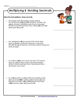 Word Problems: Multiplying & Dividing Decimals by 2-Digit Numbers Worksheet