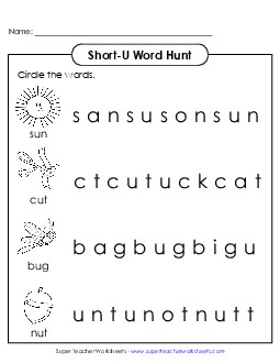 Short U: Horizontal Word Hunt (Illustrated) Phonics Long Short U Worksheet