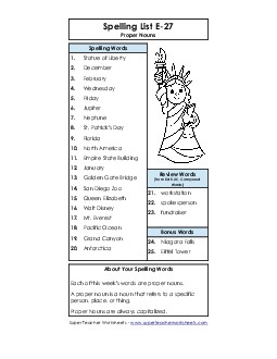 Spelling List (E-27) Spelling E Worksheet