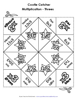 Cootie Catcher Multiply by THREE Multiplication Worksheet