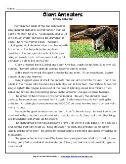 Giant Anteaters 5th Grade Reading Comprehension Worksheet