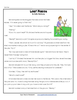 Leaf Races (Fiction) 3rd Grade Reading Comprehension Worksheet