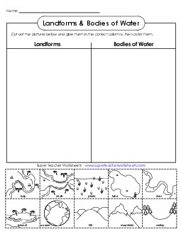 Landforms & Bodies of Water Sort (Cut & Glue) 2nd Grade Science Worksheet