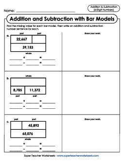 Addition & Subtraction Bar Models With Work Space Mixed Addition Subtraction Worksheet