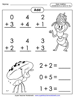 Basic Addition Facts: Ants (Addends to 5; Sums to 10) Worksheet