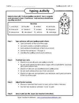 Typing Sentences (E-12) Spelling E Worksheet