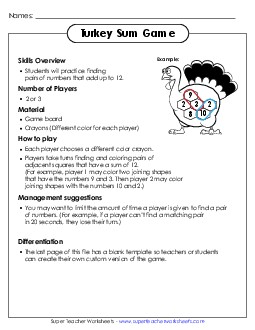 Thanksgiving Sum Game Worksheet