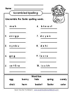 Word Unscramble (A-Easter)  Spelling A Worksheet