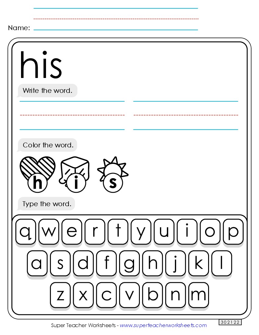 Write, Color, Type: His Sight Words Individual Worksheet