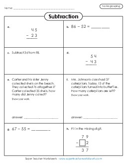 Variety Worksheet: 2-Digit Subtraction w/ No Regrouping Worksheet