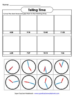 Cut & Glue - Nearest Minute with No Numbers on Clock Faces Time Worksheet