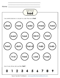 Dab or Color: Had Sight Words Individual Worksheet