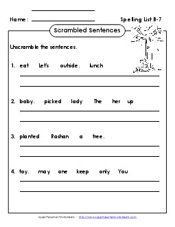 Scrambled Sentences (B-7) Spelling B Worksheet