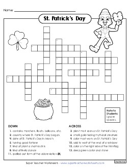 St. Patrick\'s Day Crossword Holiday Worksheet