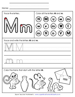 Tracing, Writing, and Recognizing Letter M Alphabet Worksheet