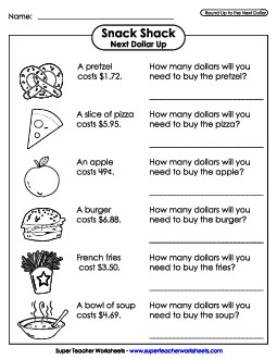 Snack Shack: Dollar Up Free Counting Money Worksheet