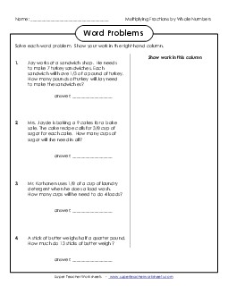 Word Problems: Fractions x Whole Numbers Multiplication Worksheet