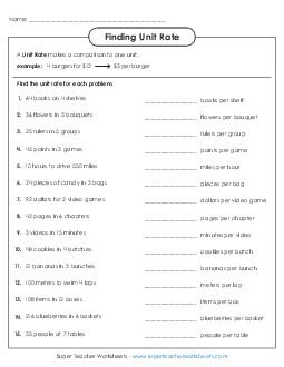 Finding Unit Rate Free Worksheet