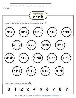 Dab or Color: Drink Sight Words Individual Worksheet