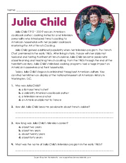 Julia Child 5th Grade Reading Comprehension Reading Comp Short Worksheet