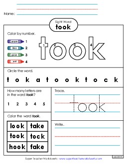 Worksheet 4: Took Sight Words Individual Worksheet