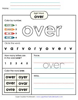 Over (Sight Word) Sight Words Individual Worksheet