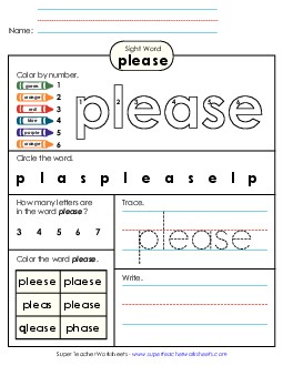 Worksheet 4: Please Sight Words Individual Worksheet