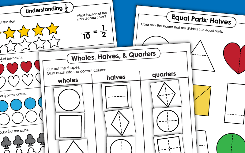 Fractions Halves and Quarters Worksheets