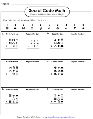 Addition Code Math Worksheet