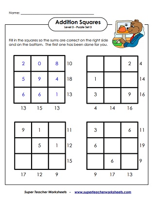 Addition Squares Printable Worksheet