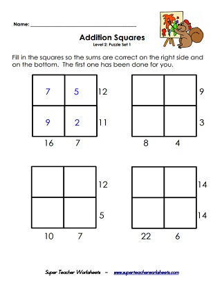 Addition Squares Printable 