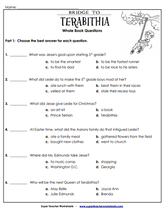 Book Unit Worksheets (Bridge to Terebithia)