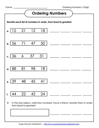 Ordering Numbers Printable Worksheet