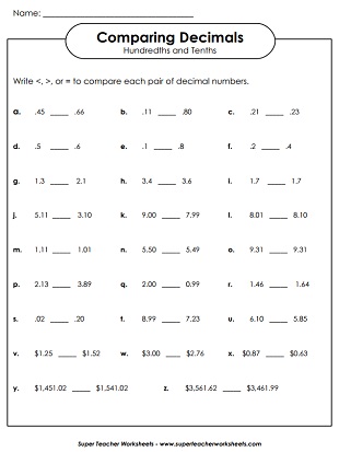 Comparing Decimals Worksheet