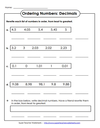 Ordering Decimals Printable