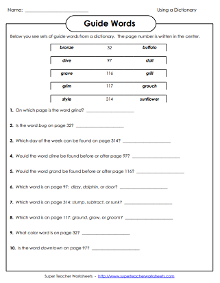 Printable Dictionary Skills Worksheets