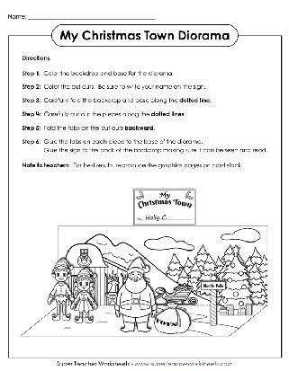 Printable cut and paste Christmas Town Diorama Worksheet