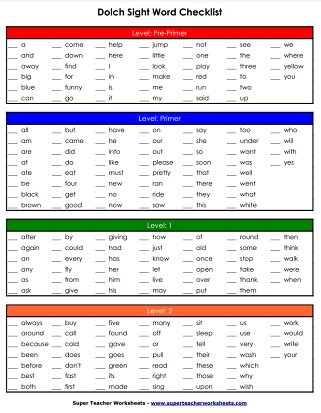 Dolch Worksheets - Check List