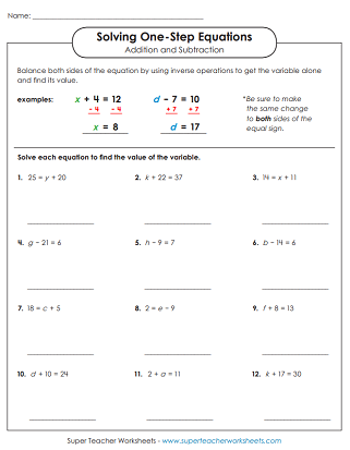 Solving One-Step Equations Worksheet