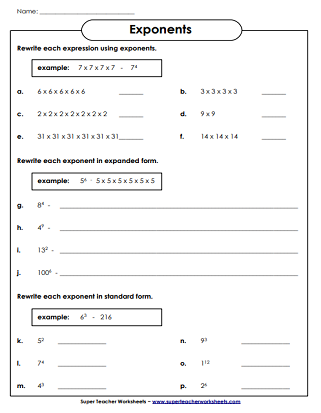 Exponents Worksheets