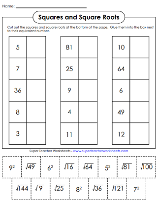 Squares and Square Roots Worksheets